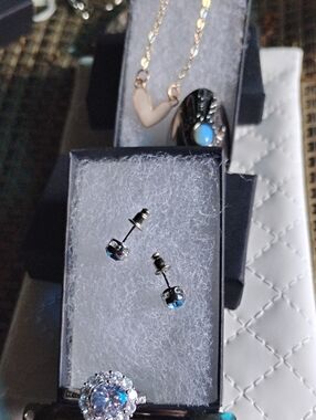 Blue Cubic Ring &Earrings& Fortune Teller Ring& GF heart Necklace- Women Jewelry
